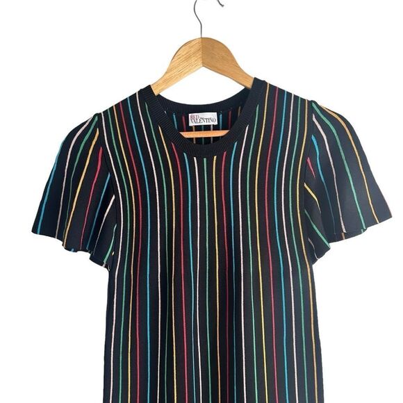 Red Valentino Short Sleeve Black Knit Rainbow Stripe Shift Dress - Picture 5 of 9